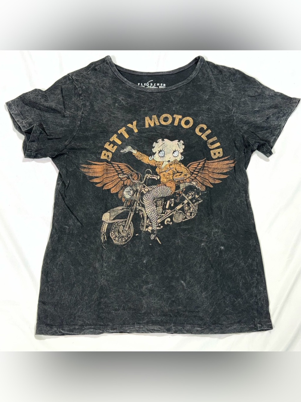 Betty Boop Moto Club Women L Black Mineral Wash Biker Graphic Tee P21